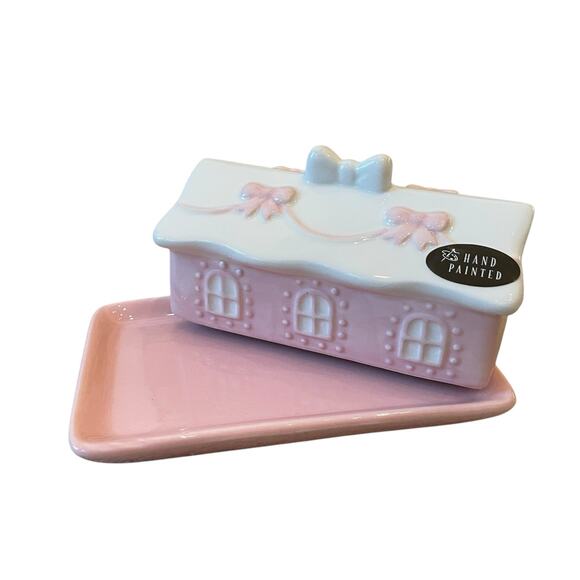 Gingerbread House Covered Butter Dish Hand Painted Pastel Pink & White NEW - Picture 8 of 14